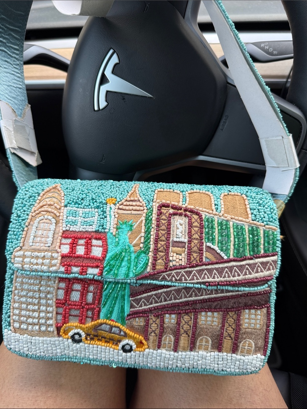 Beaded City Skyline Crossbody Bag in Turquoise